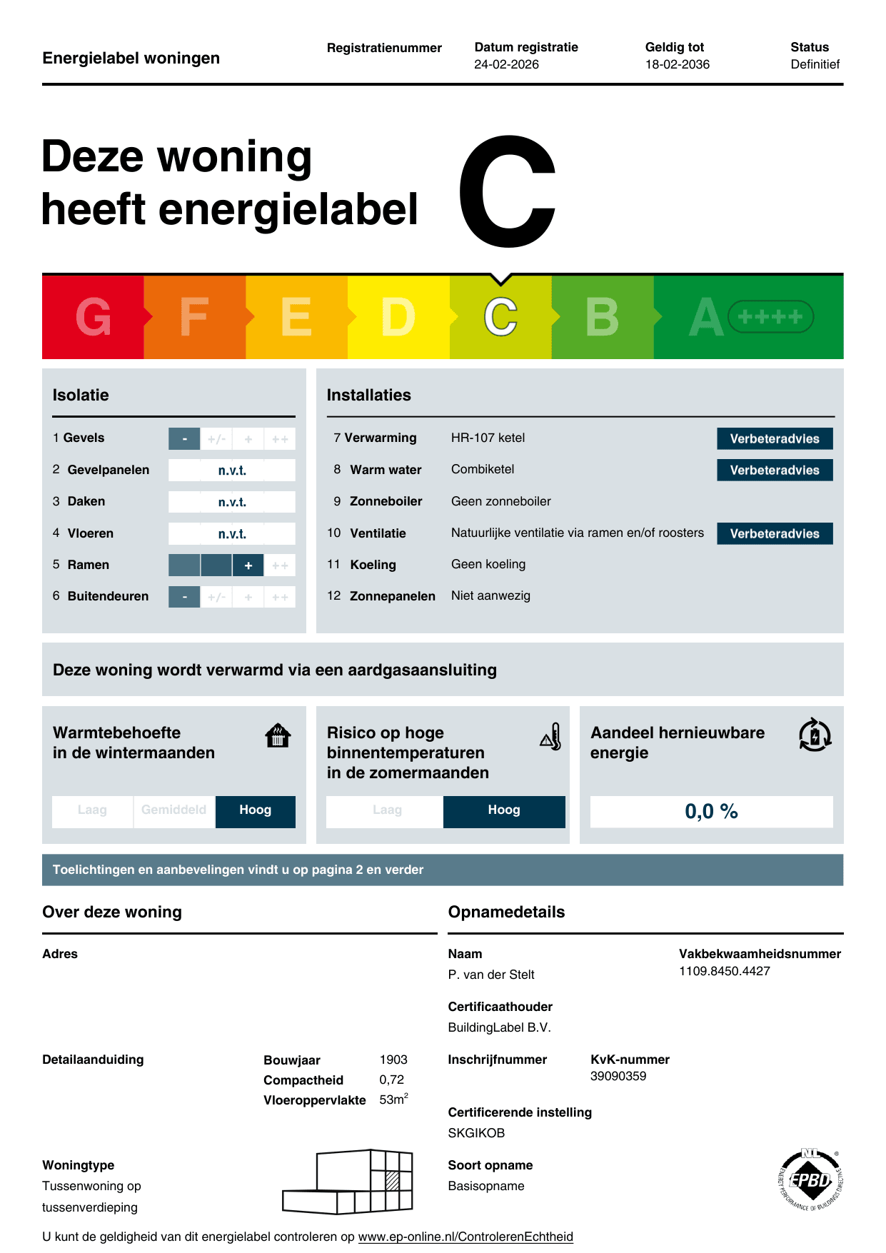 Voorbeeld officieel energielabel woning energieklasse C