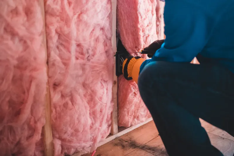 Vakman brengt isolatie aan in een woning, energiebesparend advies