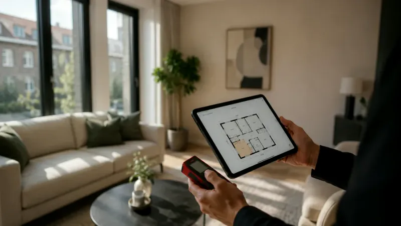 Energielabel-opname: woningmeting met tablet, plattegrond en laser
