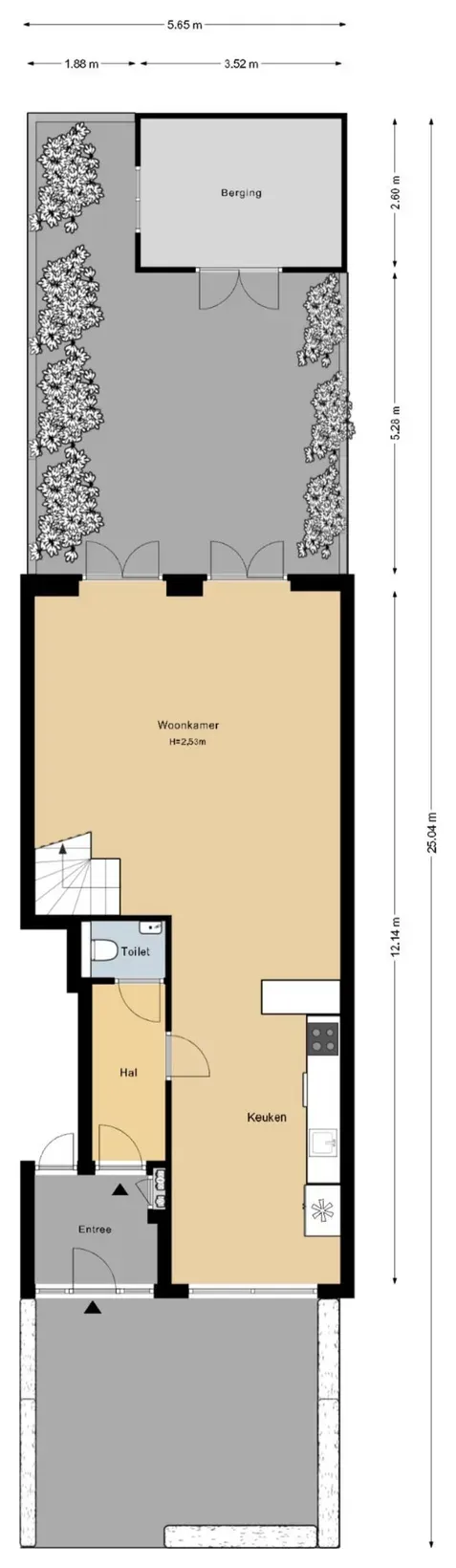 2D-plattegrond van een woning met maatvoering per ruimte voor de verkoop