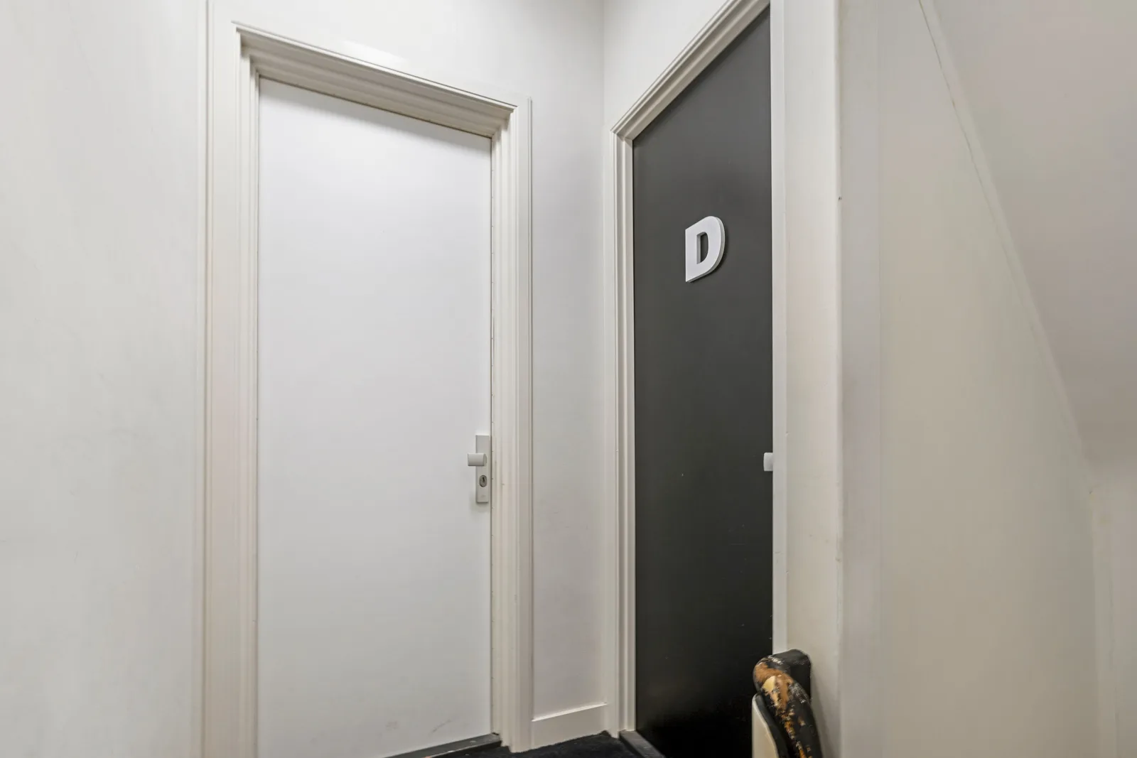 Portaal met witte wanden, links een witte deur, rechts een antracietgrijze deur met witte letter D