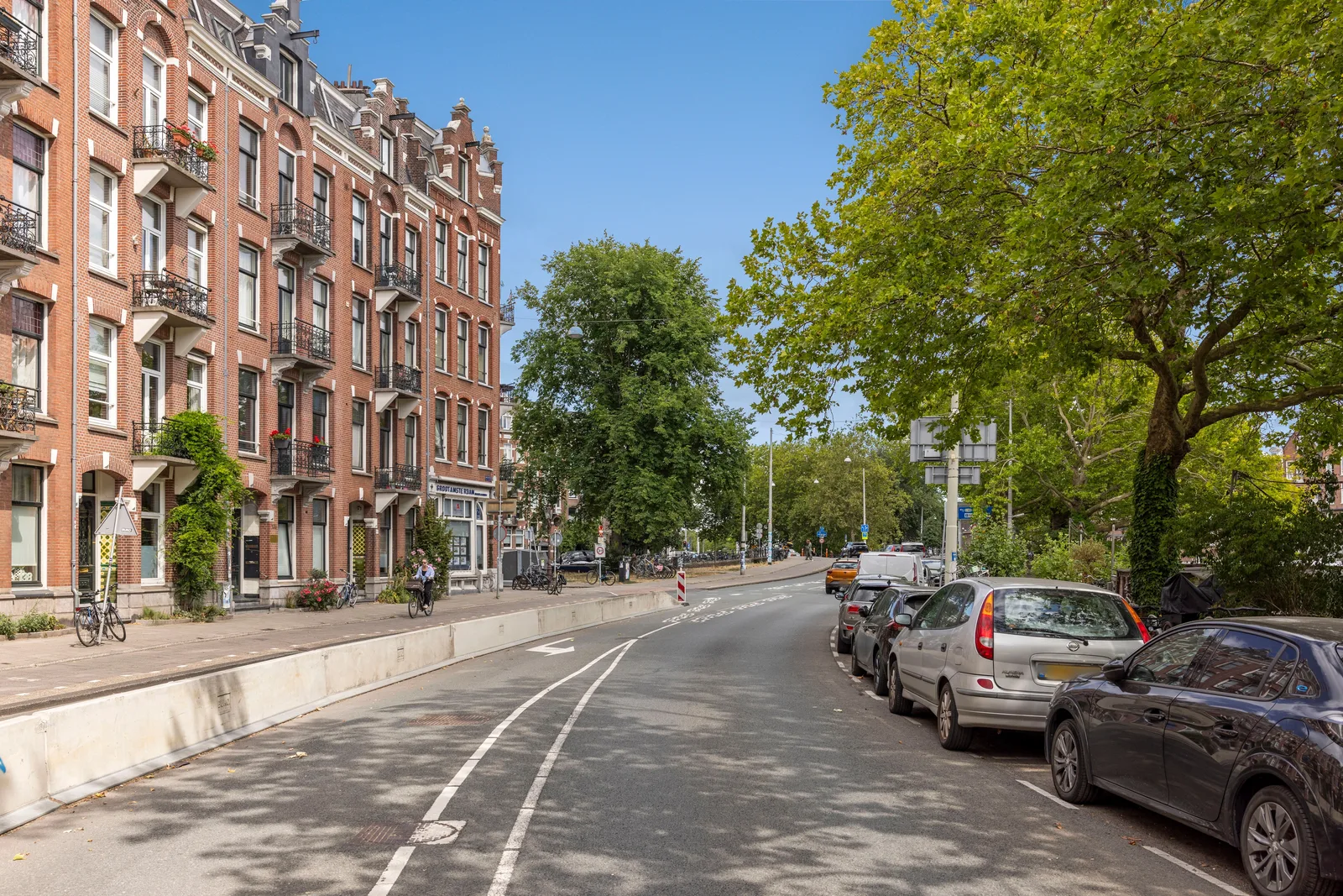 Bakstenen panden met ijzeren balkonhekken langs een brede asfaltweg, rechts auto's geparkeerd onder bomen
