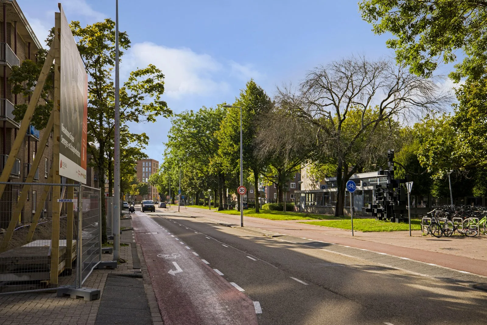 Brede laan met bomen en rode fietsstroken langs de rijbaan