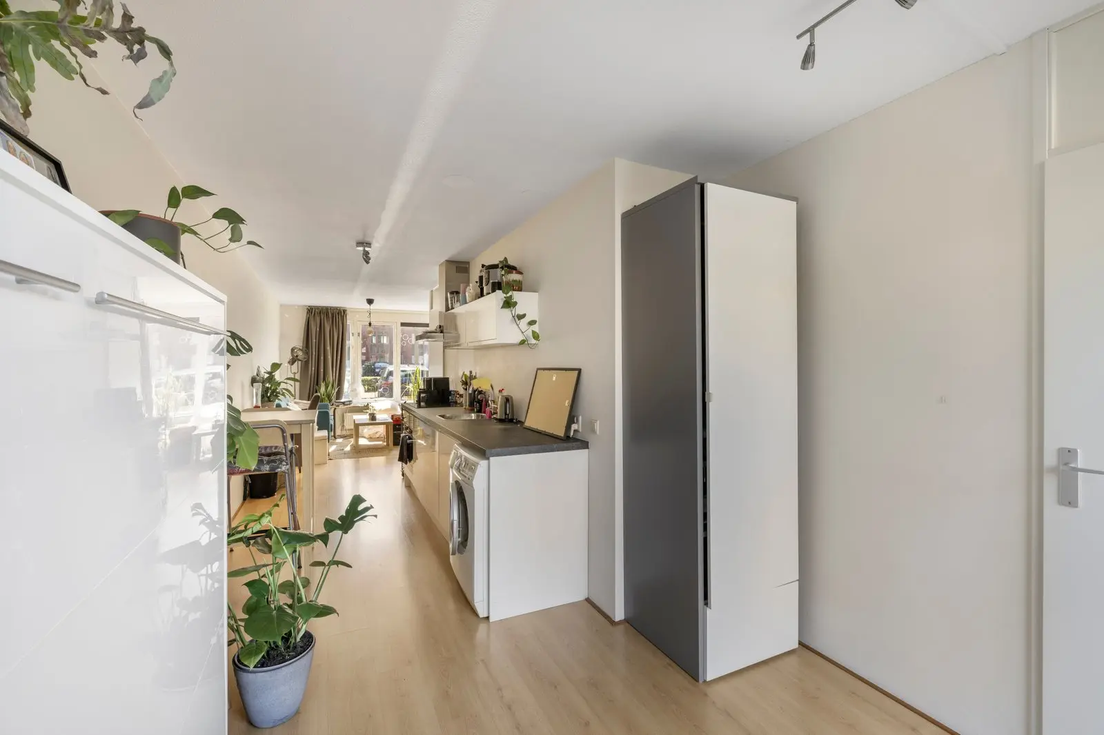 Bijkeuken met wasmachine en een plant bij de doorgang