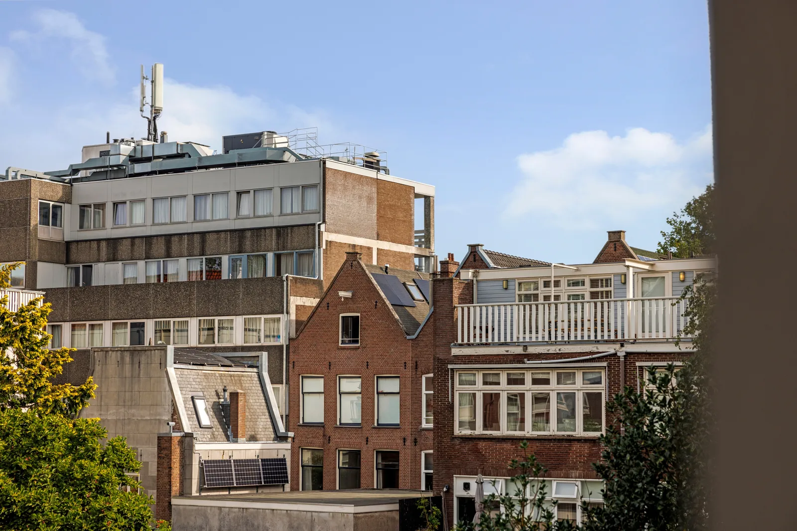 Achtergevels met puntgevel, houten serres en zonnepanelen, daarachter een groot naoorlogs gebouw