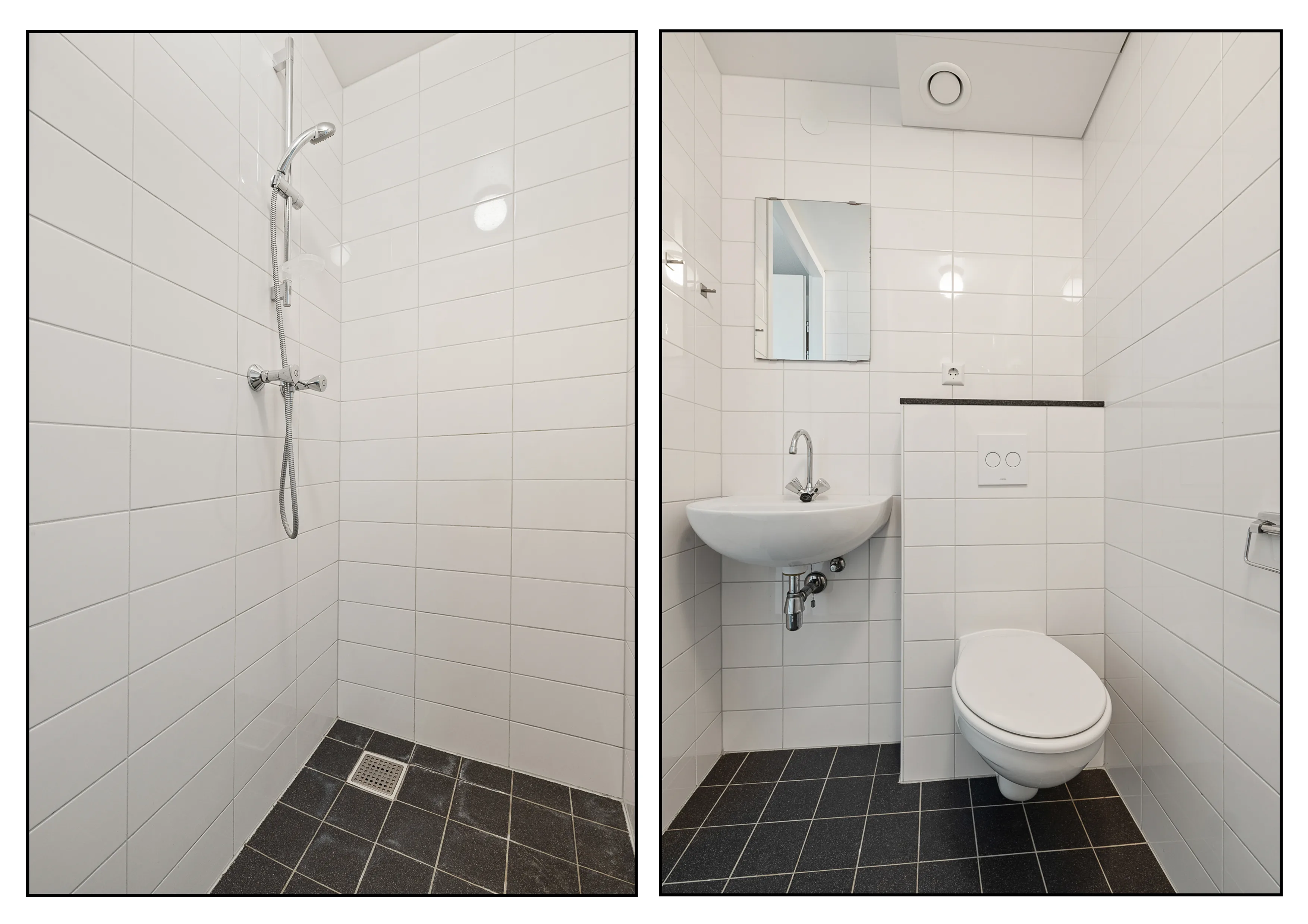 Twee opnamen naast elkaar: de betegelde douchehoek en het toilet met wastafel en spiegel