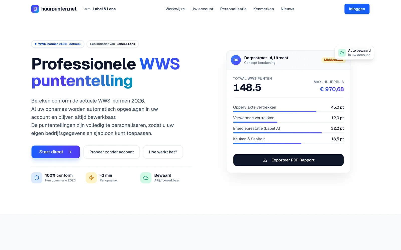 Startscherm van huurpunten.net met een voorbeeldberekening waarin de punten per onderdeel zijn uitgesplitst.