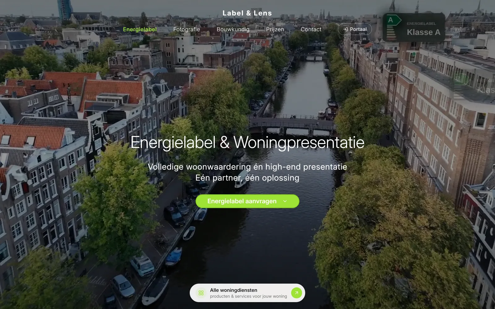 Startscherm van www.labelenlens.nl met de navigatie en de kop Energielabel en Woningpresentatie.