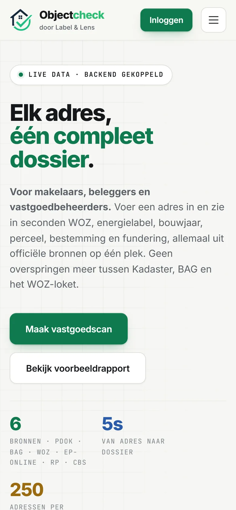 Dezelfde pagina van objectcheck.nl op een telefoonscherm.