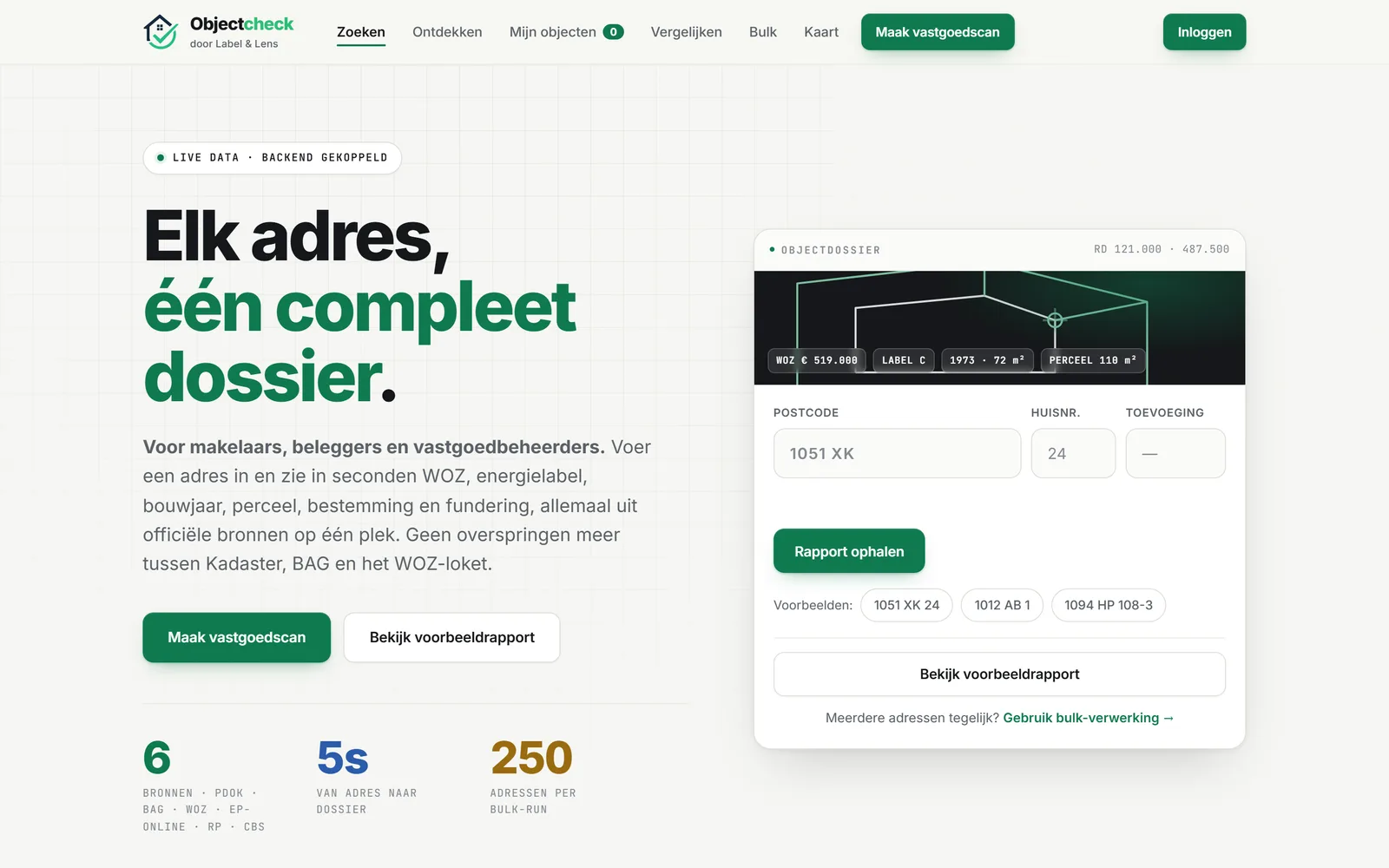 Startscherm van objectcheck.nl met de kop Elk adres, één compleet dossier en een zoekveld voor postcode en huisnummer.